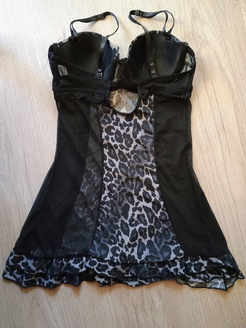 Leopard Print Babydoll Teddy Semi Sheer Stretch Mesh with Thong (2 PC SET) - Picture 5 of 7